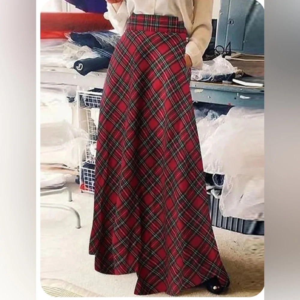 Plaid Red Tartan Maxi Full Skirt with pockets no name approx. size XL see meas. - Picture 2 of 10